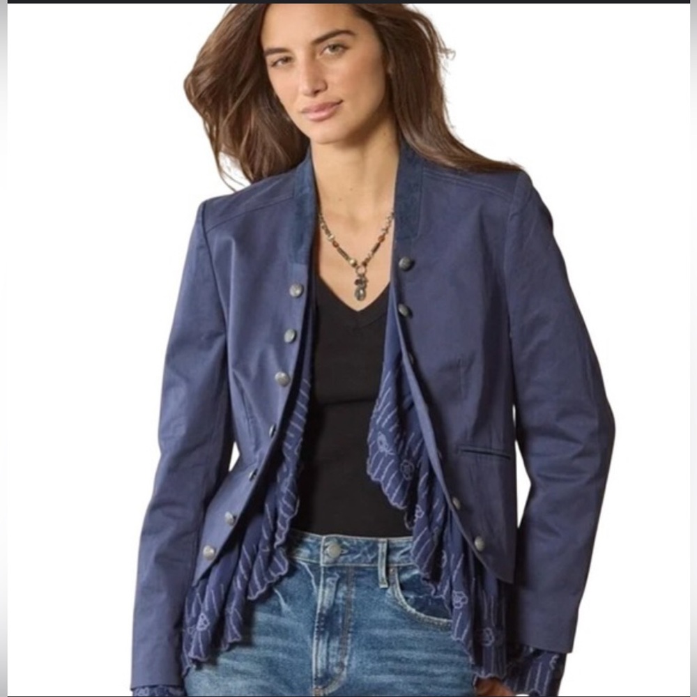 Sundance Caroline Ruffled Trim Military Button Jacket Blue Lace Hem Size Small